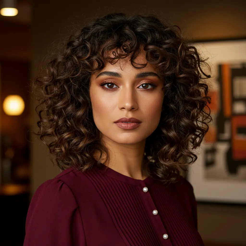 #17 Medium Curly Cut With Parted Curtain Bangs
