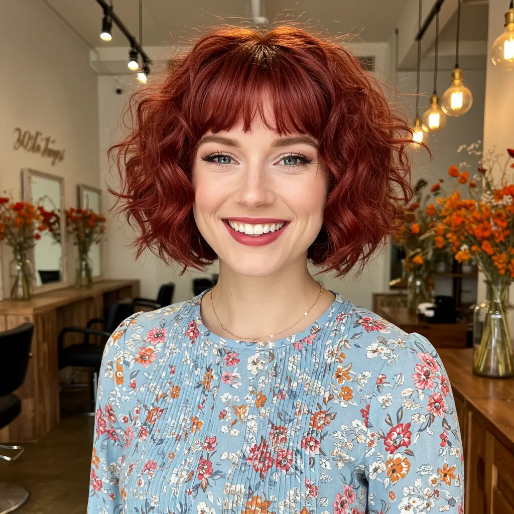 #19 Short Curly Hair With Soft Curtain Bangs
