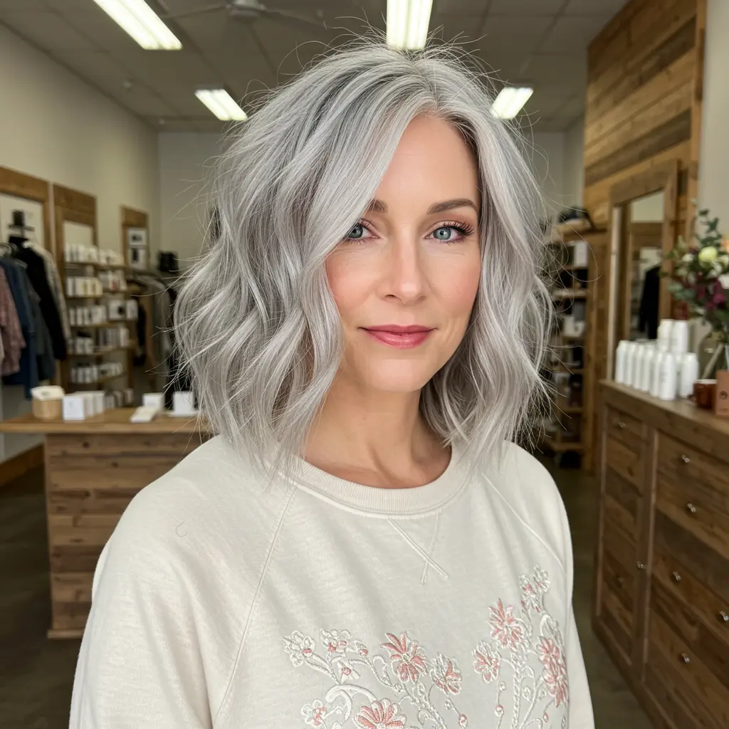 #19 Grey Blonde Waves With Curtain Bangs