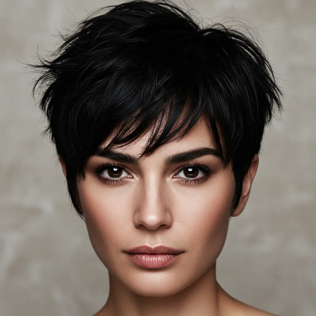 Jet-Black Long Shaggy Pixie with Curtain Fringe