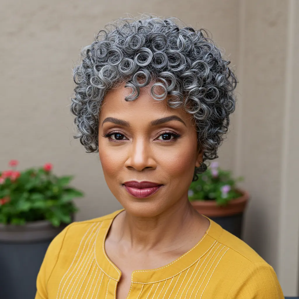 Tight Grey Curly Hair Pixie Shape