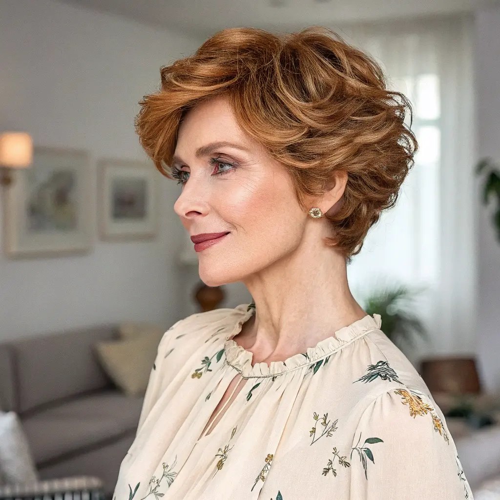 Brunette Wavy Pixie Cut With Soft Highlights