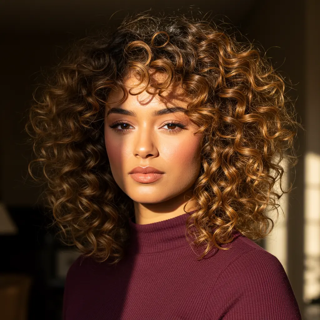 #6 Medium Curly Hair With Feathery Curtain Bangs