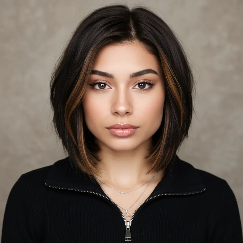 Inverted Bob With Brown Highlights and Dark Hair