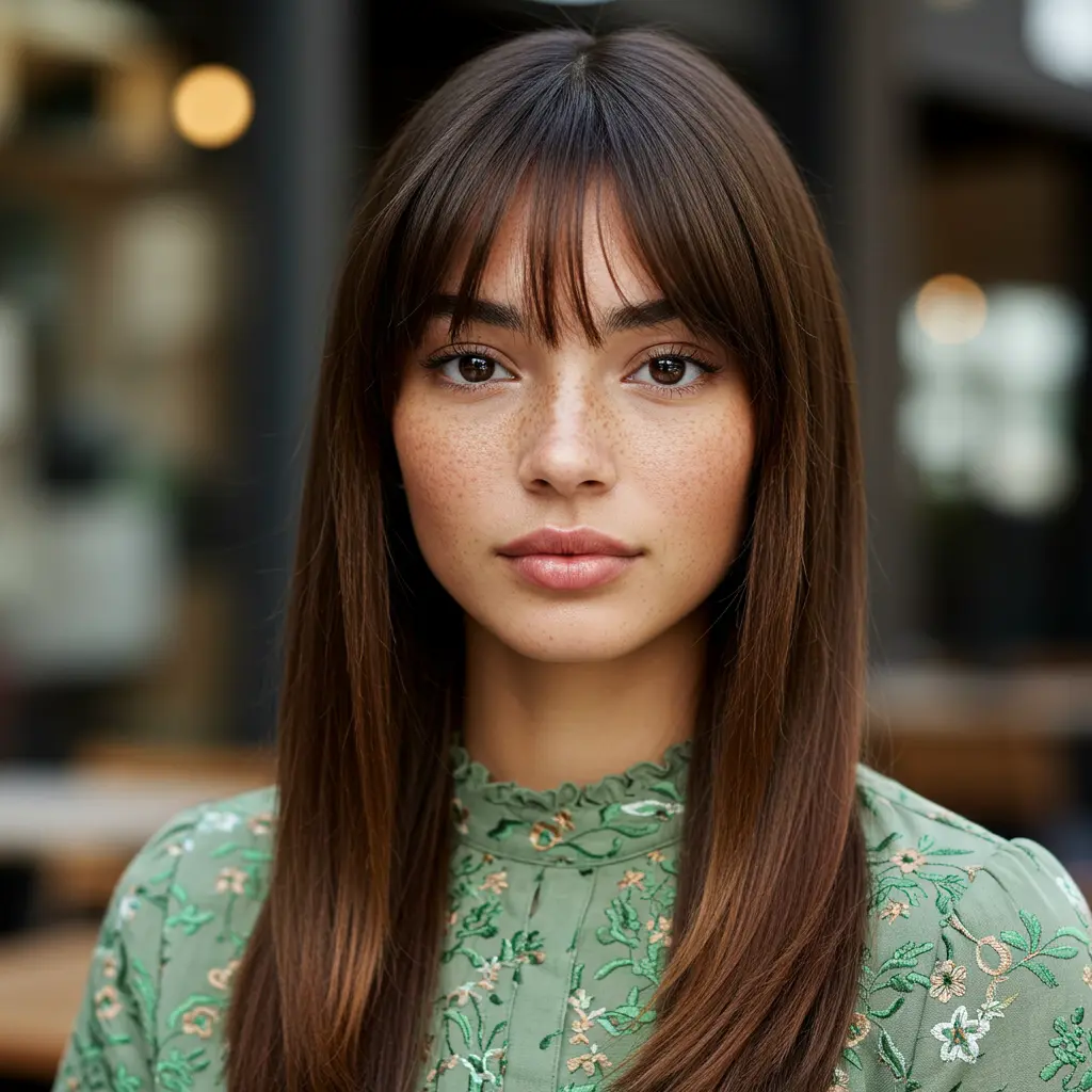 #10 Dark Honey Long Hair with Light Curtain Bangs