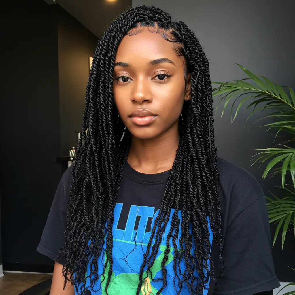 Waist-Length Wet Look Twists with Middle Part