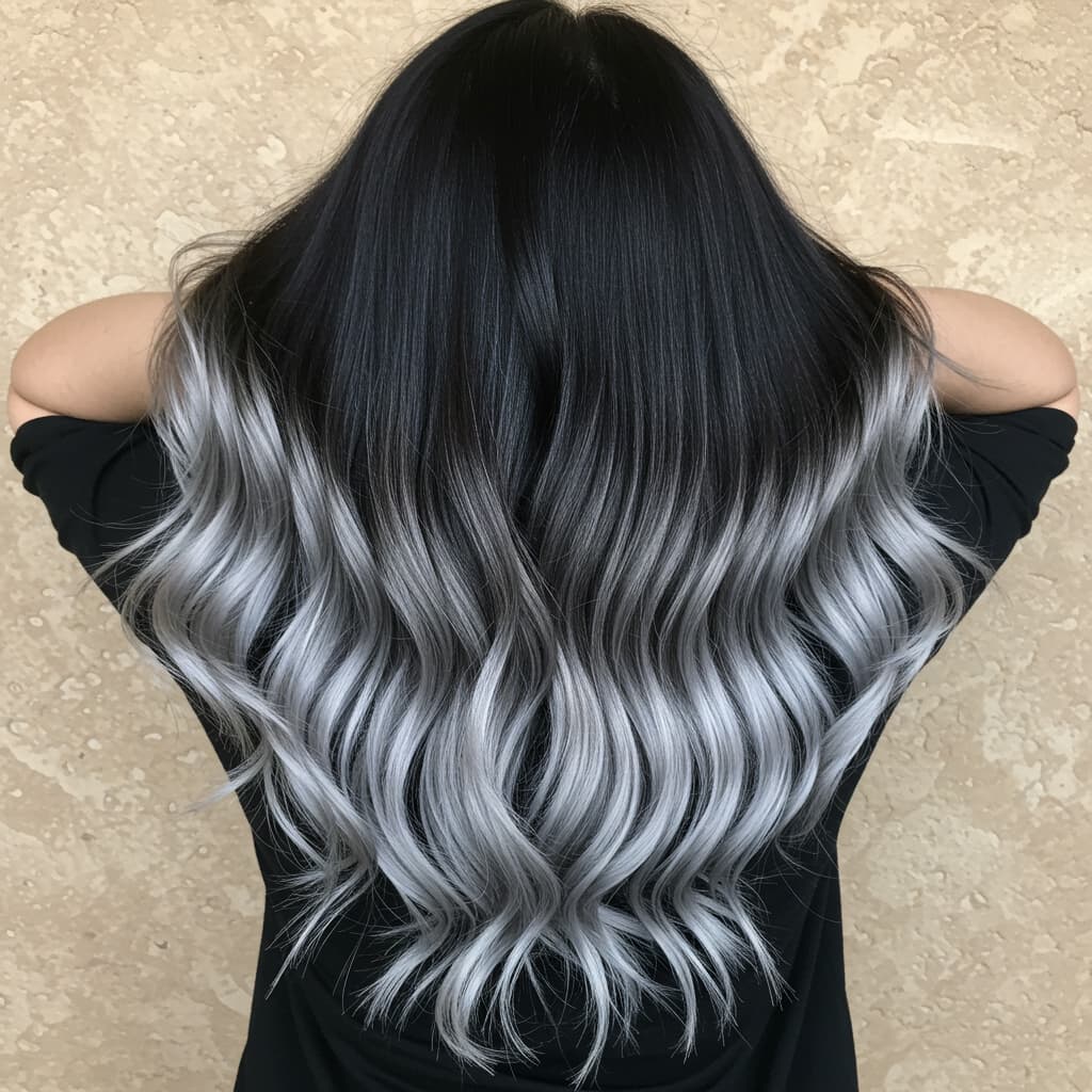 #13 Black to Silver Ombre on Long Hair