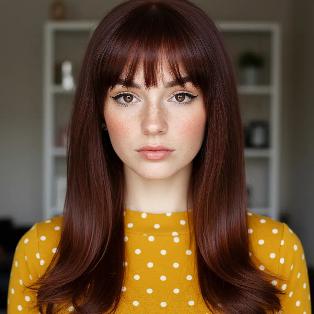 #15 Dark Auburn Long Hair with Feathered Curtain Bangs