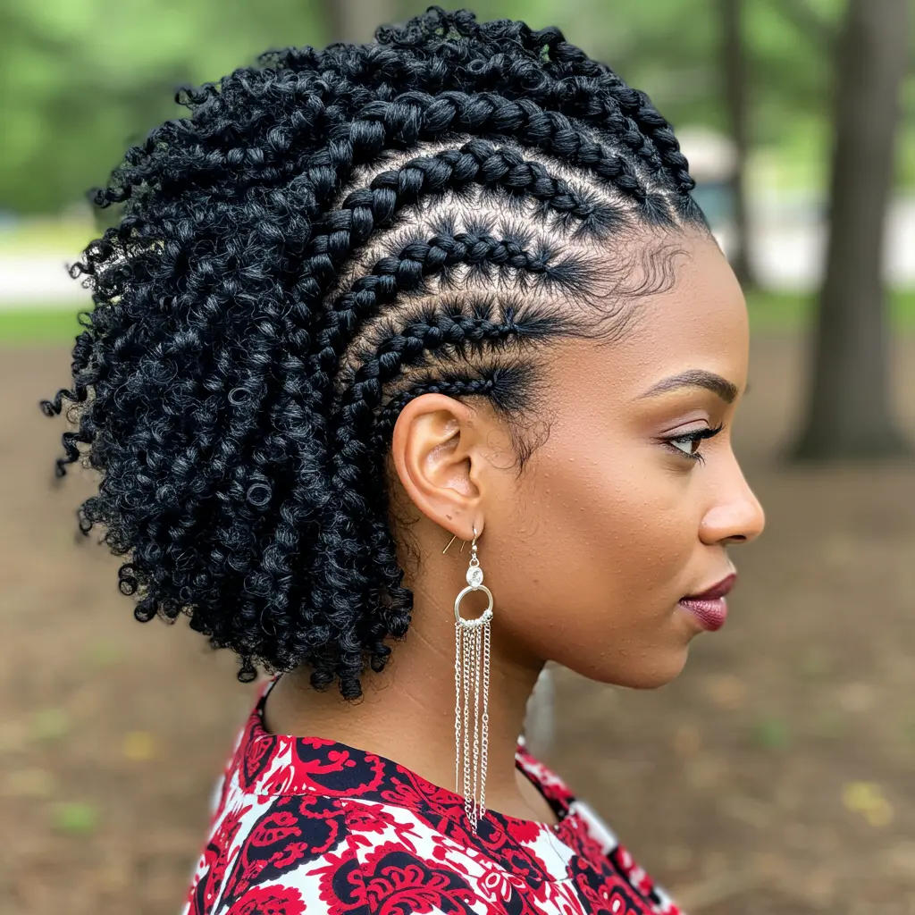 Side-Swept Cornrows with Coily Ends