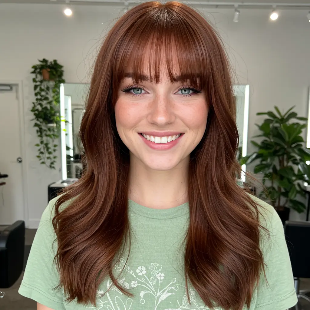 #18 Glossy Chestnut Layers with Curtain Bangs