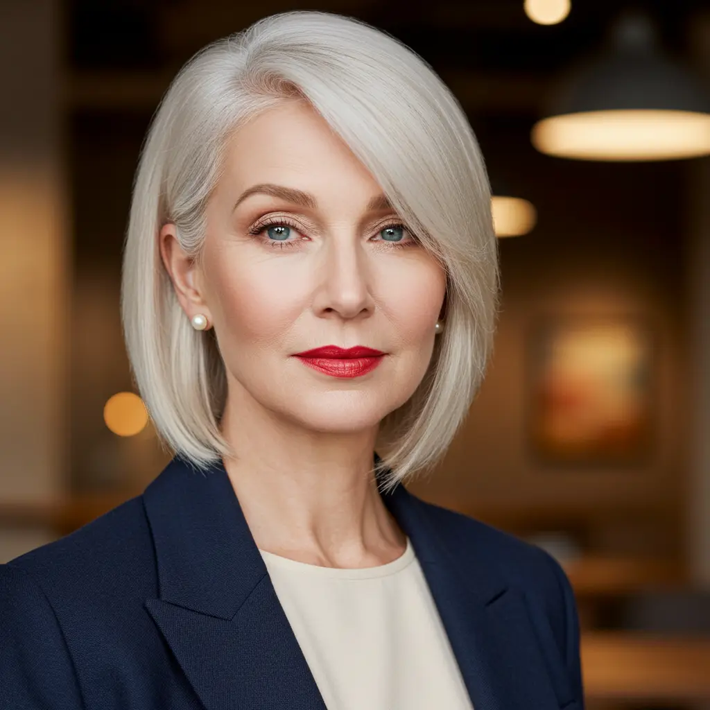 #19 Sleek Neck Length Bob With A Deep Side Part