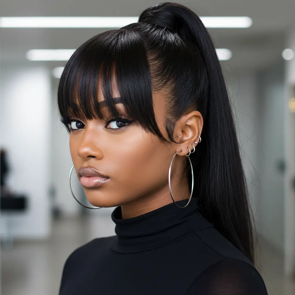 #2 High Ponytail with Fringe Bangs