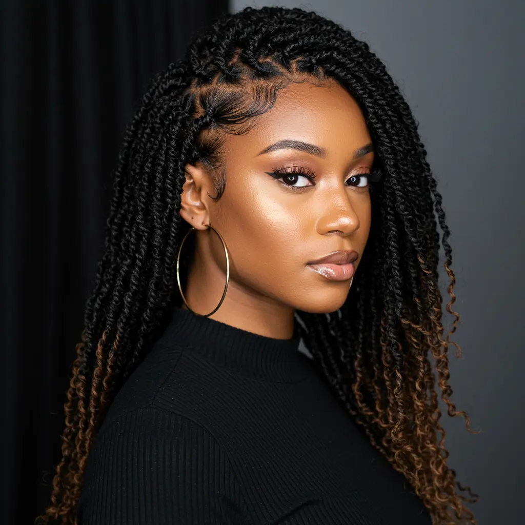 Side-Part Mini Twists with Layered Volume