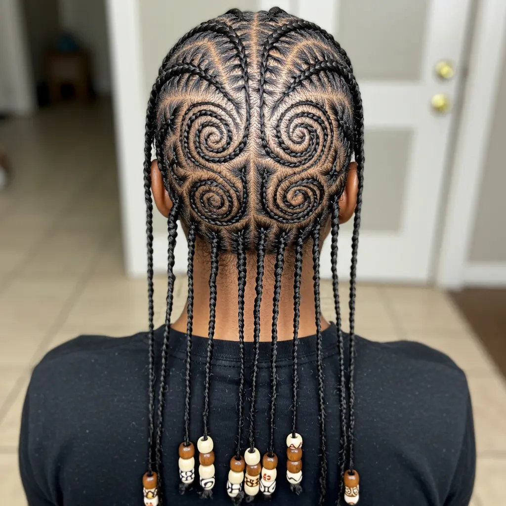 Beaded Straight-Back Cornrows with Swirls