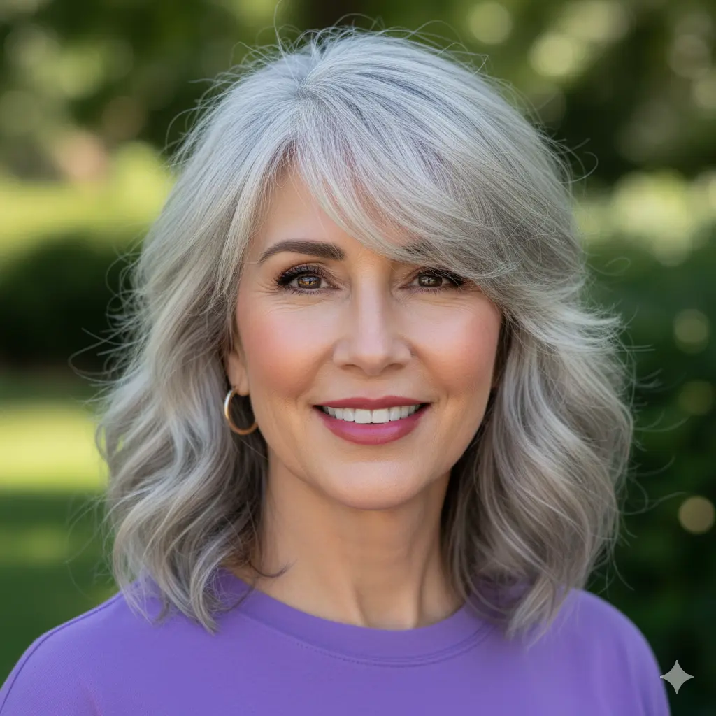#5 Low-Maintenance Gray Hair with Sweeping Fringe