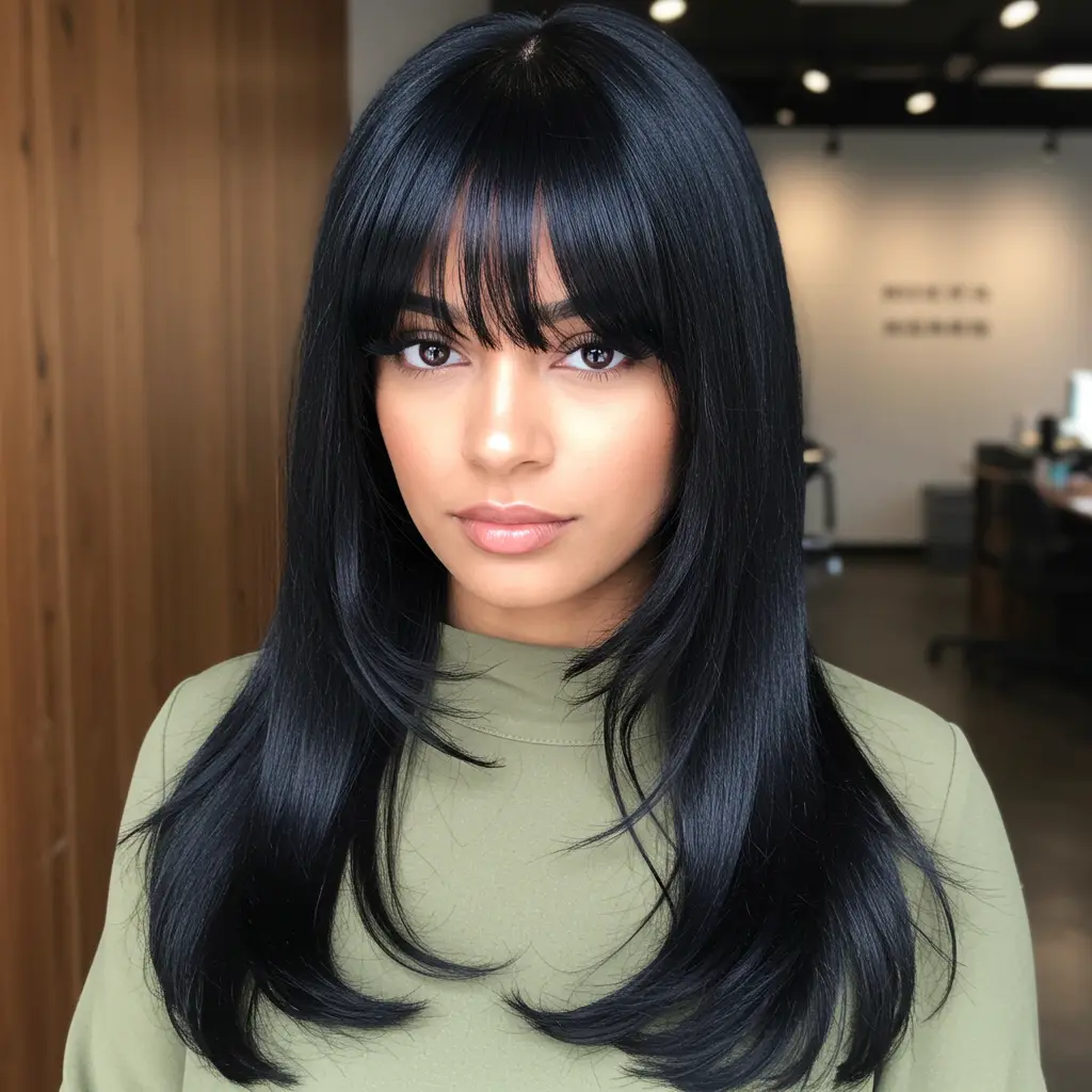 #5 Glossy Jet Black Layers with Curtain Fringe