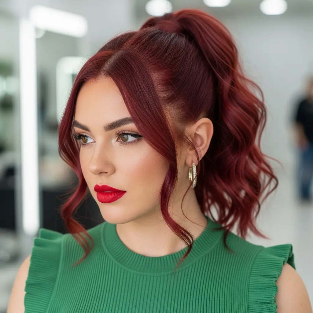 #14 Elegant Cherry Ponytail with Soft Waves