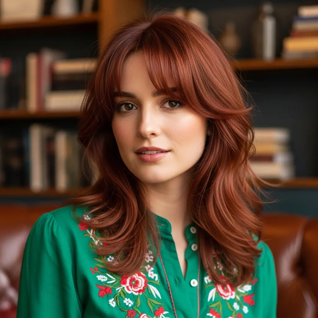 #2 Textured Cherry Long Layers with Soft Face-Framing Bangs