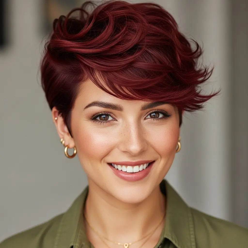#4 Trendy Cherry Red Textured Pixie Cut