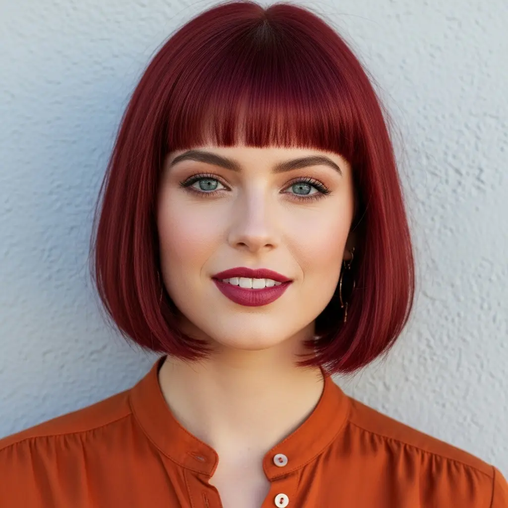 #8 Chic Cherry Red Bob with Blunt Bangs