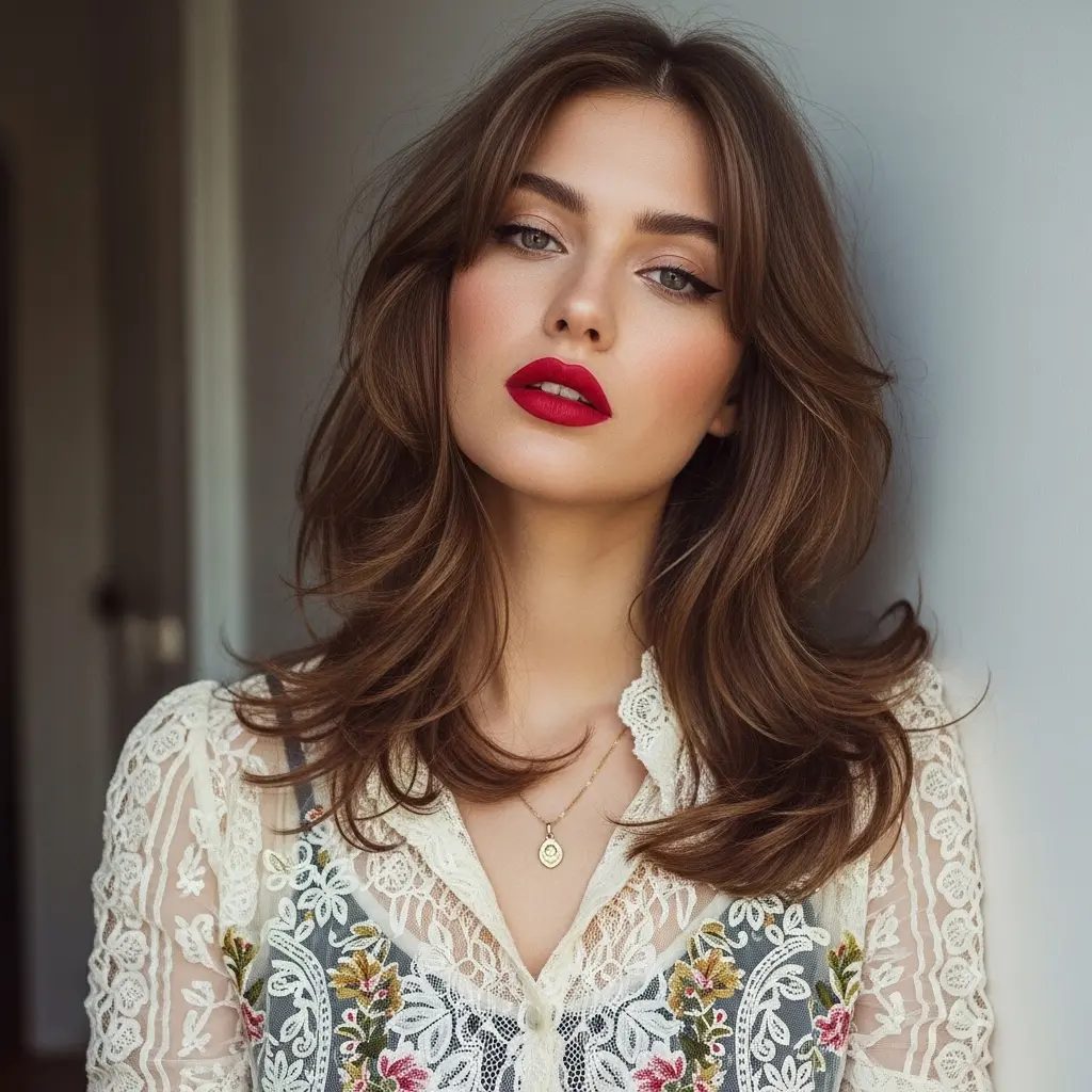 #1 Stylish Brown Layered Haircut with Curtain Bangs