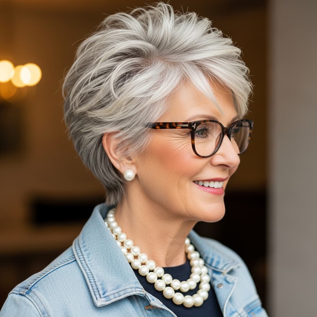 #12 Short Shag for Women Over 60 with Bangs and Glasses