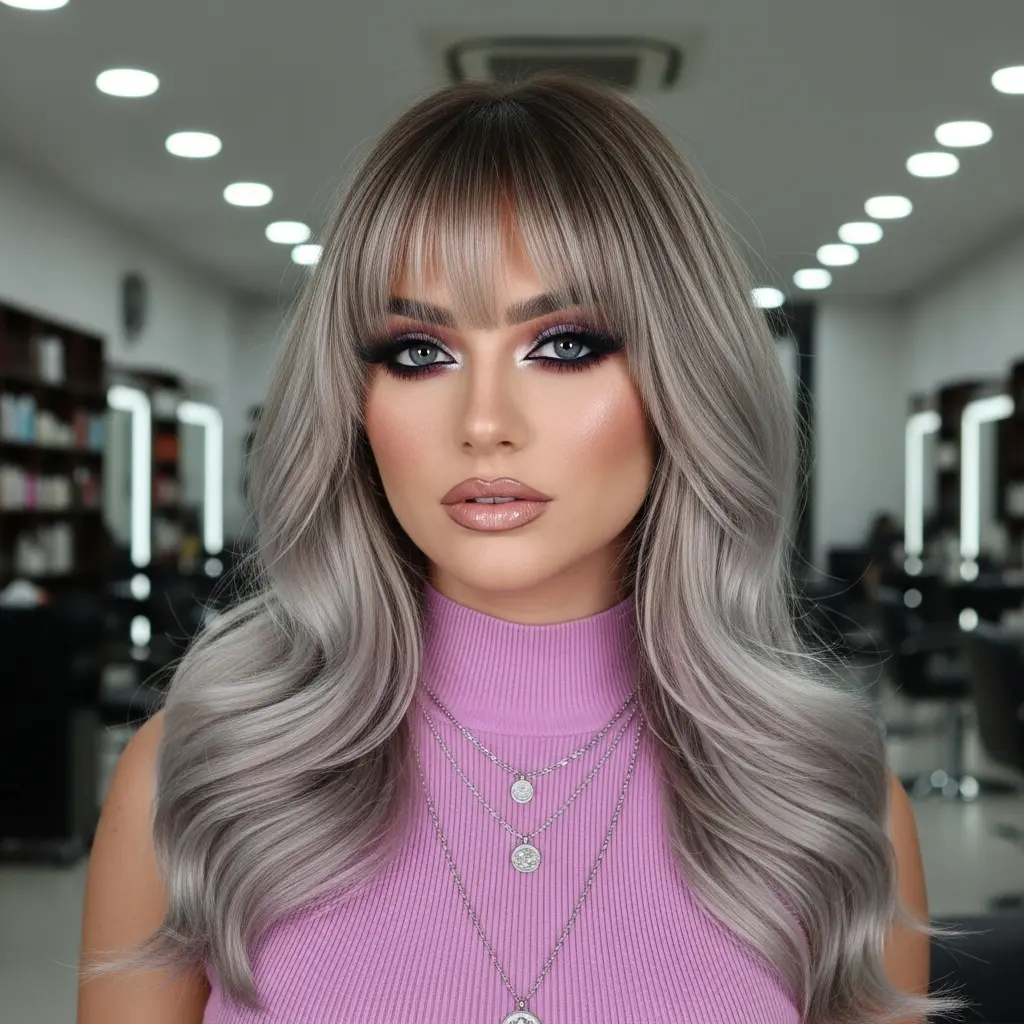 #13 Long Ashy Hair with Blunt Bangs