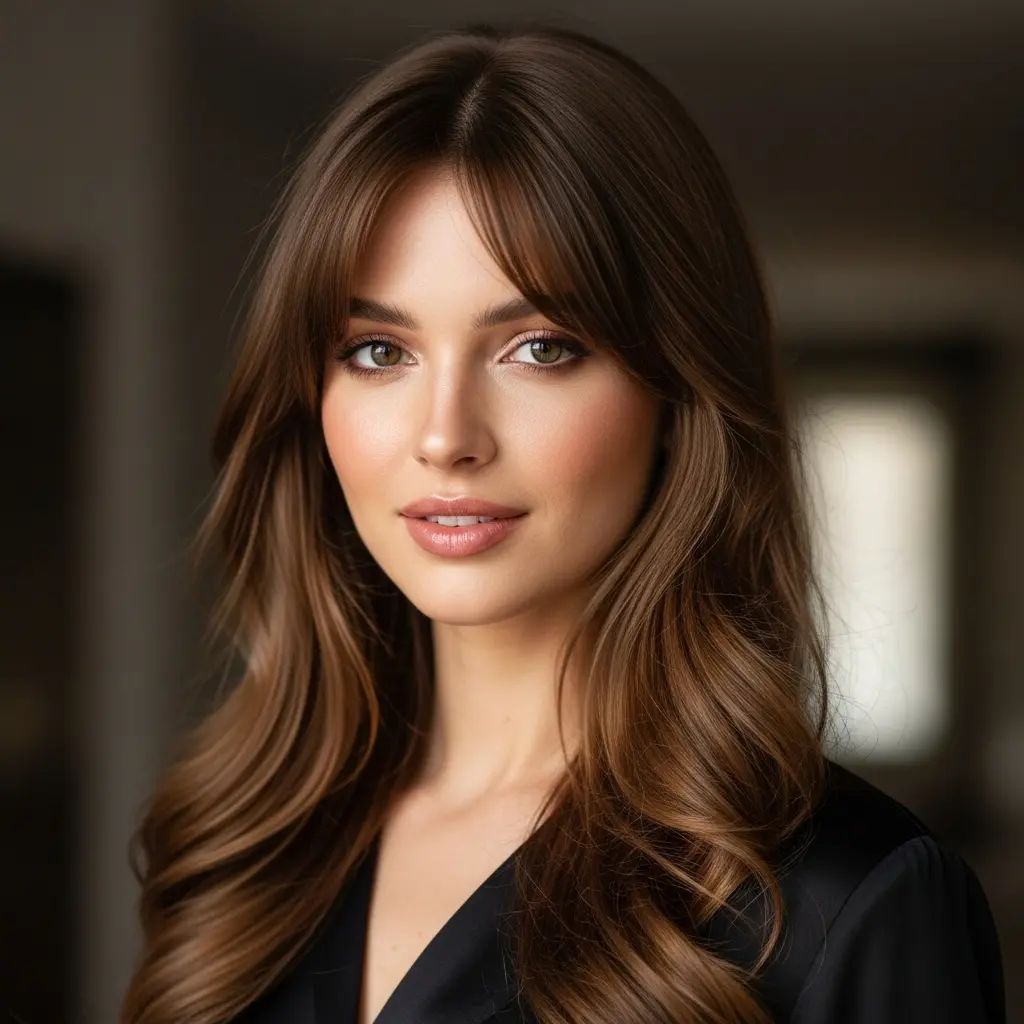 #5 Retro-Chic Long Brown Hair with Bangs