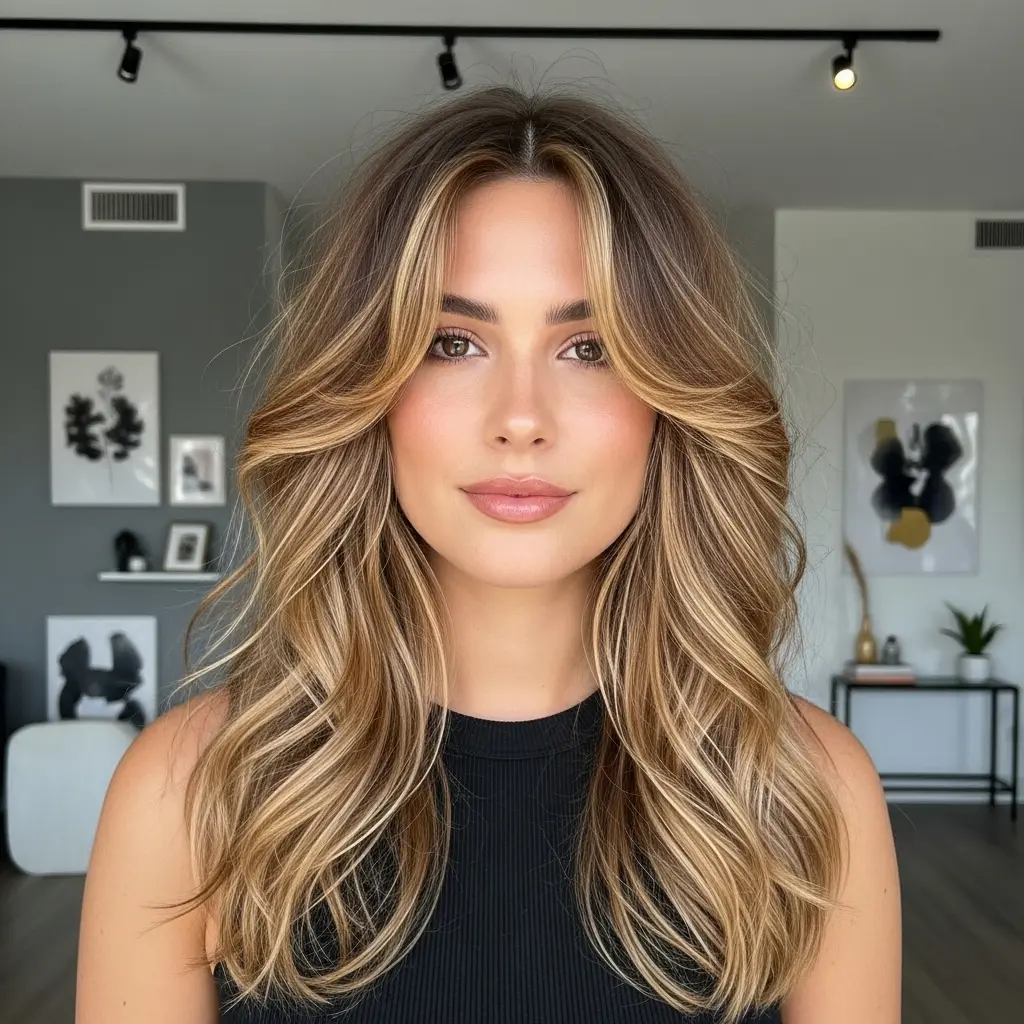 #7 Long Layered Haircut with Bangs and Blonde Balayage