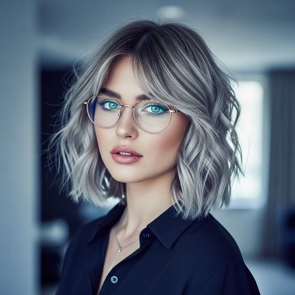 #9 Bright Salt-and-Pepper Choppy Layers with Wispy Bangs