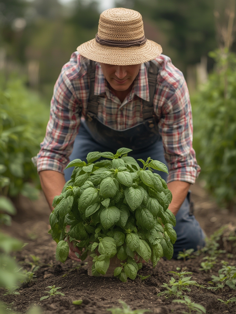 Basil growing steps showing seedlings and mature plants