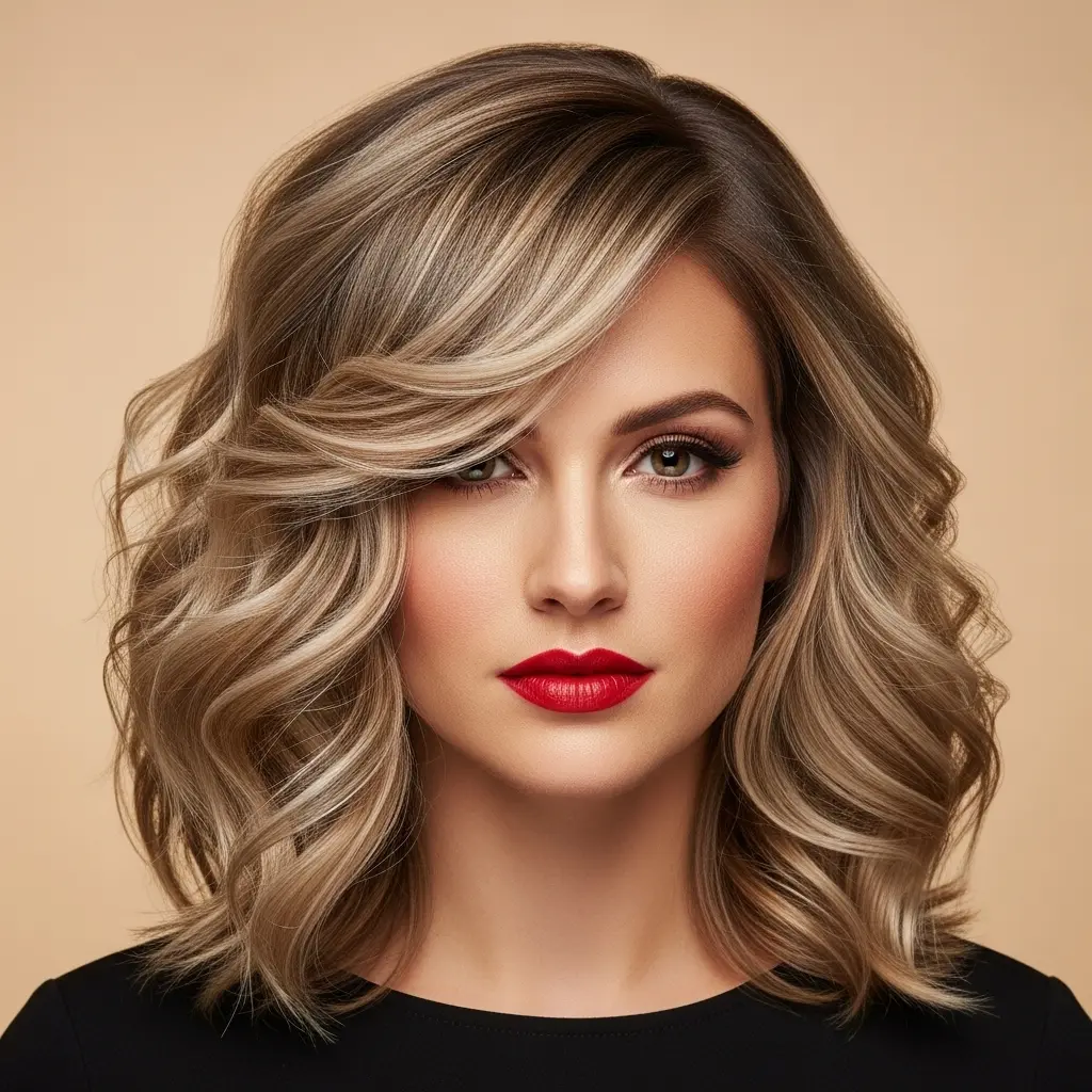 #15 Beige Highlights on Side Part Medium Hair