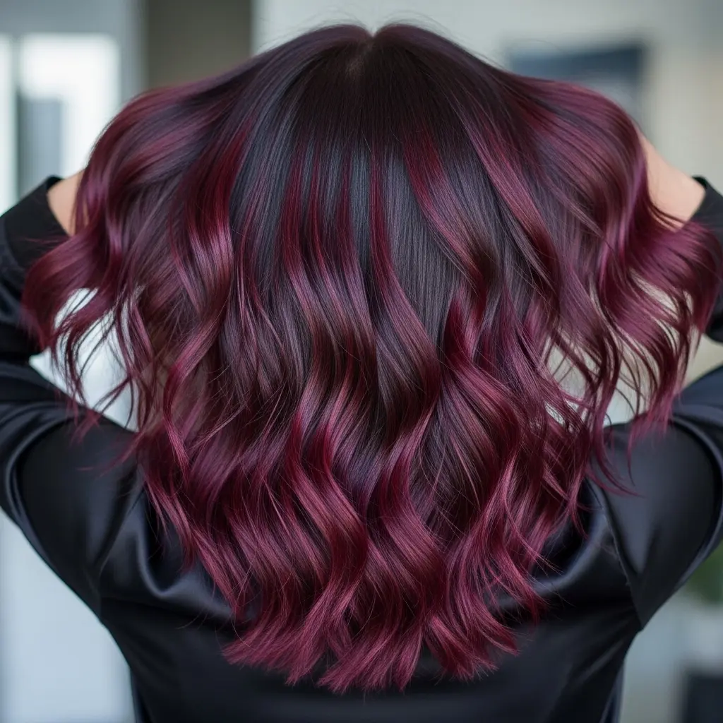 #5 Burgundy Balayage Lowlights on Medium Black Hair