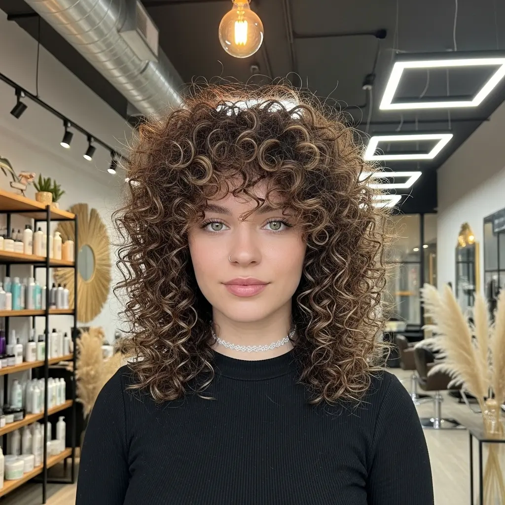 #7 Modern Shagged Curls with Thick Bangs