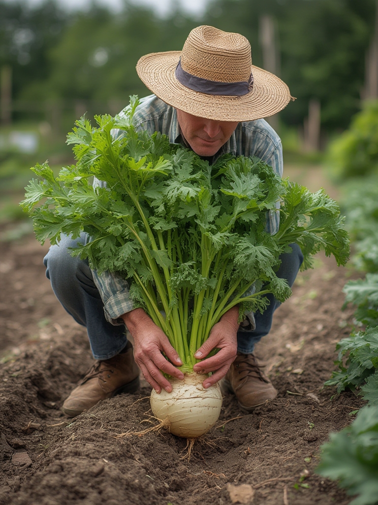 Celeriac (Celery Root) growing in garden
