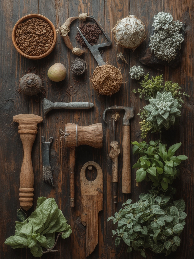 Sage plant with gardening supplies