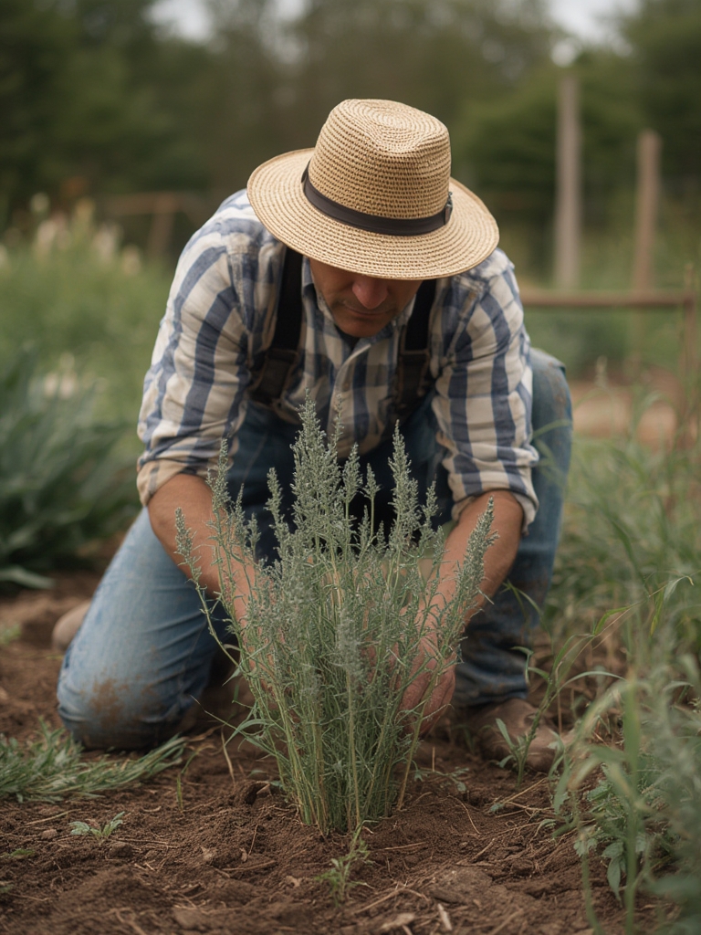 Hand planting sage seedling